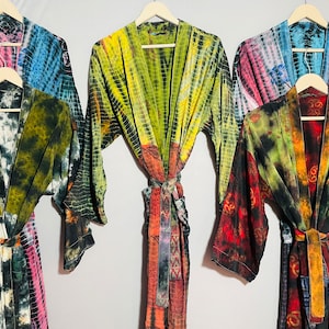 Surtido indio Tie Dye Pure Crepe Saree Kimono, vestidos de kimono de tamaño largo para mujer, bata ligera de Sari japonés de tamaño libre
