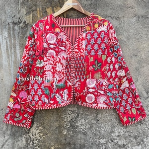 Handmade Block Print Patchwork Quilted Jacket: Reversible Floral Cotton Coat