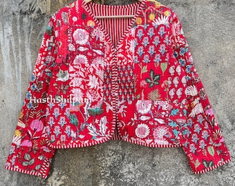 Handmade Block Print Patchwork Quilted Jacket: Reversible Floral Cotton Coat