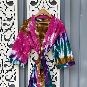 Kantha Cotton Long Reversible Kimono Jacket Unisex Robe Handmade Hand Printed Tie And Dye Printed Kimono