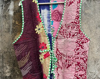 ハンドメイドカンタキルトベスト：ヴィンテージパッチワークコットン