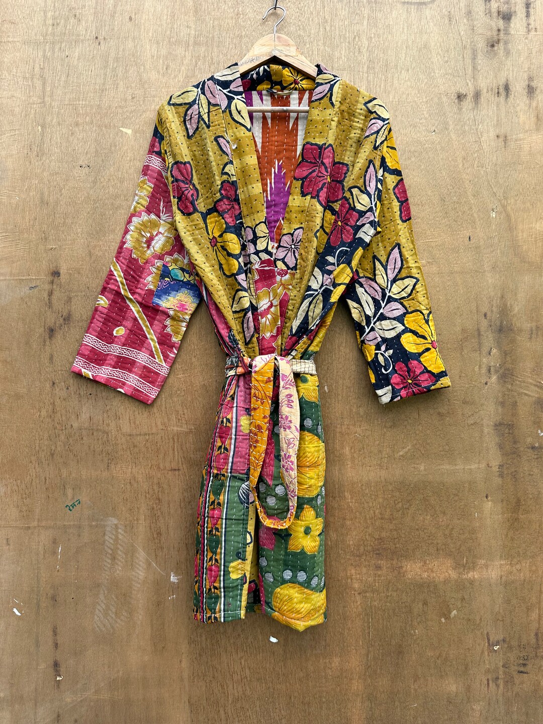 Kantha Robe Long Kantha Robe: Reversible Indian Quilted Jacket, Yellow Floral ...