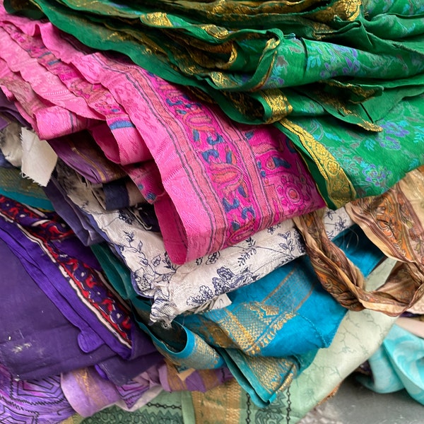 Vintage Silk Saree Fabric Remnants: Scrap Bundle for Quilting & Journals
