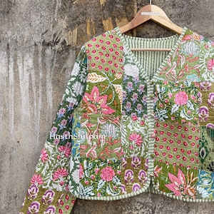 Giacca indiana in blocco di cotone verde patchwork, cappotto corto morbido da donna, giacca corta fatta a mano, regalo per le donne, immagine 4