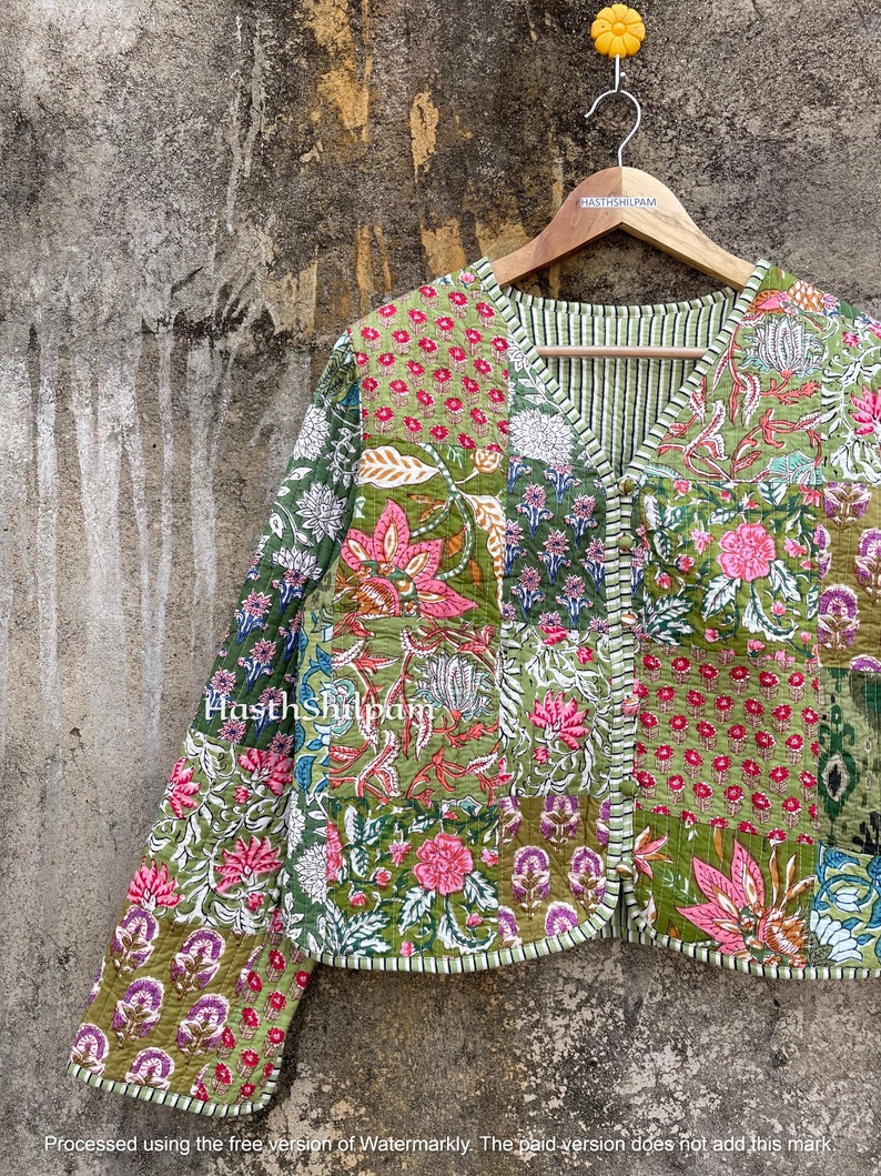 Giacca indiana in blocco di cotone verde patchwork, cappotto corto morbido da donna, giacca corta fatta a mano, regalo per le donne, immagine 4