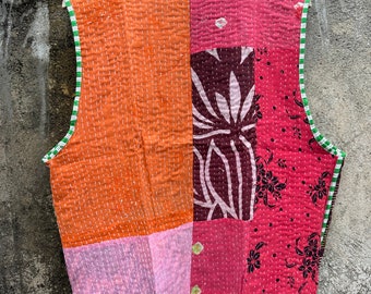 ハンドメイドカンタキルトベスト：ヴィンテージパッチワークコットン