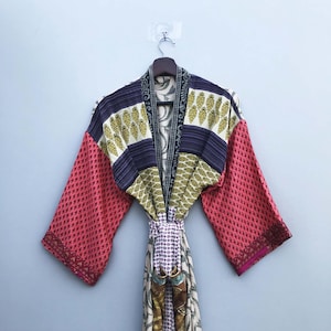 Vintage Silk Sari Kimono Robe: Patchwork Beach Cover Up