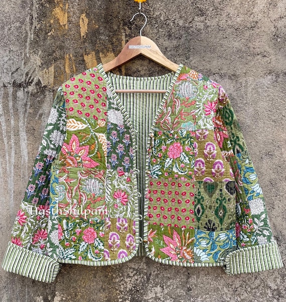 Handmade Reversible Cotton Quilted Jacket: Green Floral Block Print