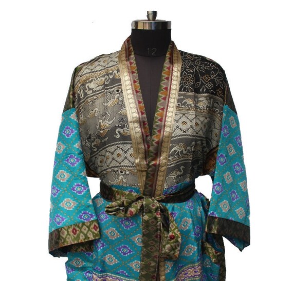 Indian Silk Sari Kimono Beautiful Floral Print Silk Sari Kimono robe Handmade Patchwork Night Gown Women/'S Beach Wear Dress