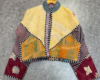 Chaqueta vintage de patchwork kantha: abrigo reversible de algodón, talla única