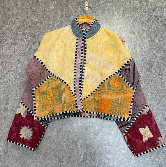 Vintage Patchwork Kantha Jacket: Reversible Cotton Coat, One Size