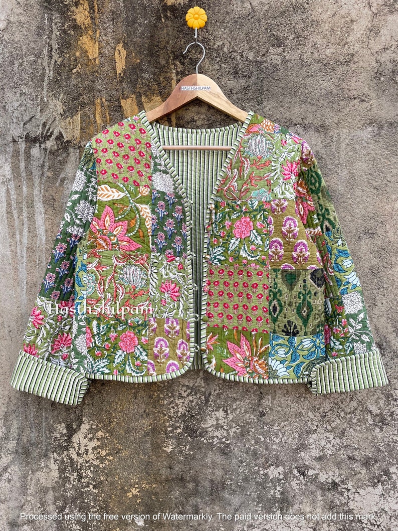 Giacca indiana in blocco di cotone verde patchwork, cappotto corto morbido da donna, giacca corta fatta a mano, regalo per le donne, immagine 1