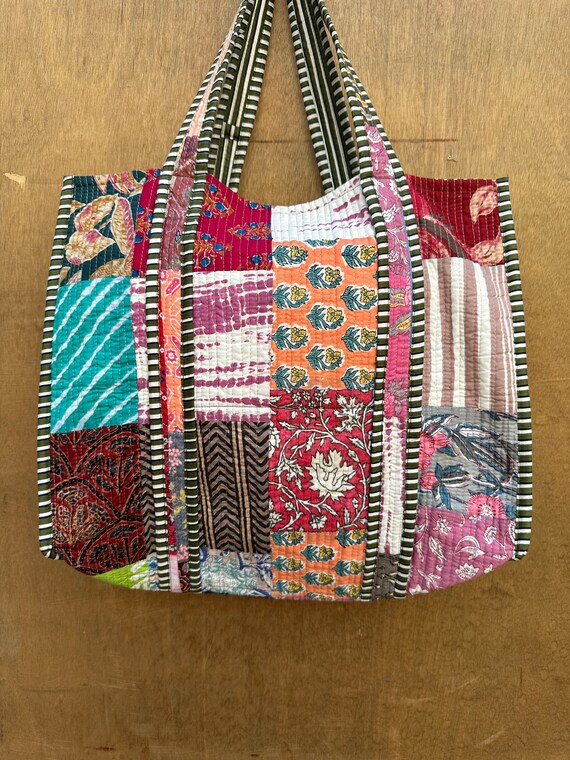 Multi Patch Quilted Bag, Cotton Quilted Tote Bags, Handmade