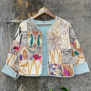 Cotton Patch Work Jacket Quilted Kantha Coat Front Pocket Handmade Vintage Quilted Jacket Patchwork Jacket Boho..Double Side Wear