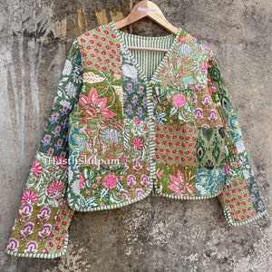 Green Patchwork Cotton Block Indian Jacket's, Women Soft Short Coat, Handmade Crop Jacket, gift For Women's, image 8