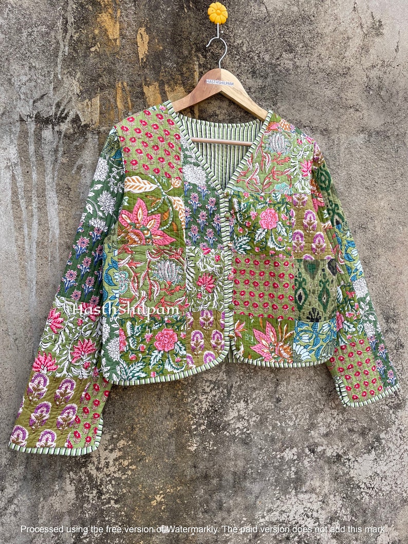 Giacca indiana in blocco di cotone verde patchwork, cappotto corto morbido da donna, giacca corta fatta a mano, regalo per le donne, immagine 8