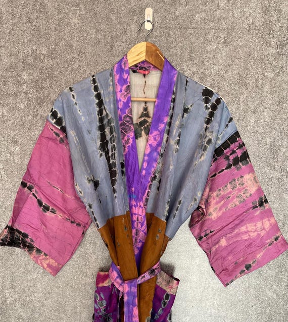 Kimono tie-dye indiano fatto a mano da donna, vestaglia da