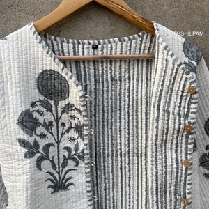 Veste et manteau en kantha indien matelassé à la main, couleur blanche, imprimé kantha, livraison gratuite, veste avec doublure d'hiver kimono image 8