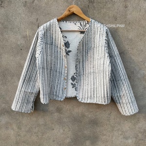 Veste et manteau en kantha indien matelassé à la main, couleur blanche, imprimé kantha, livraison gratuite, veste avec doublure d'hiver kimono image 9