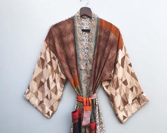 Floral Silk Kimono Robe: Vintage Sari Fabric, Boho Style