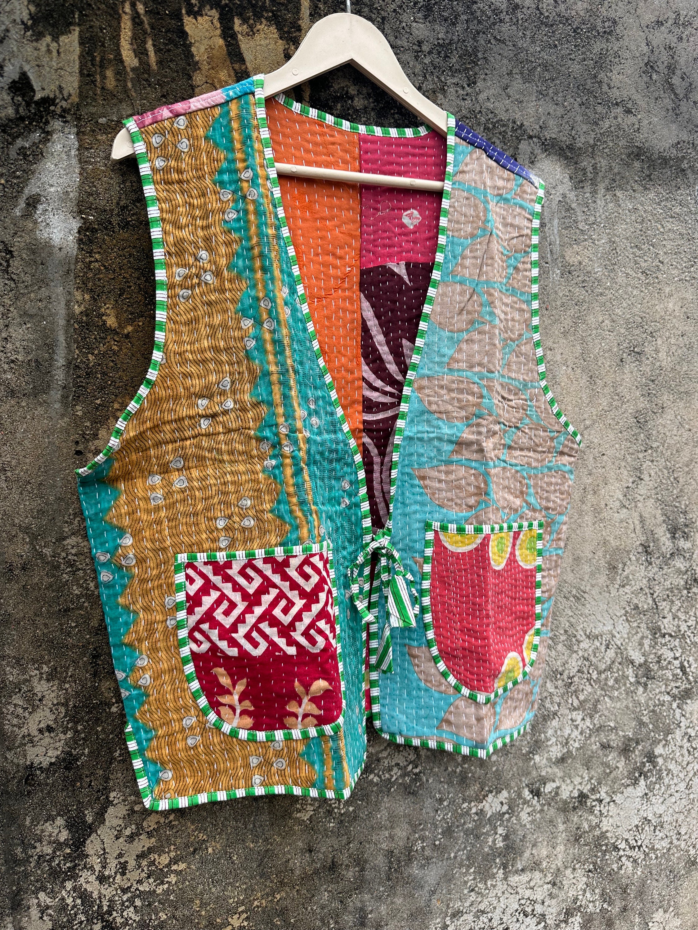 ハンドメイドカンタキルトベスト：ヴィンテージパッチワークコットン