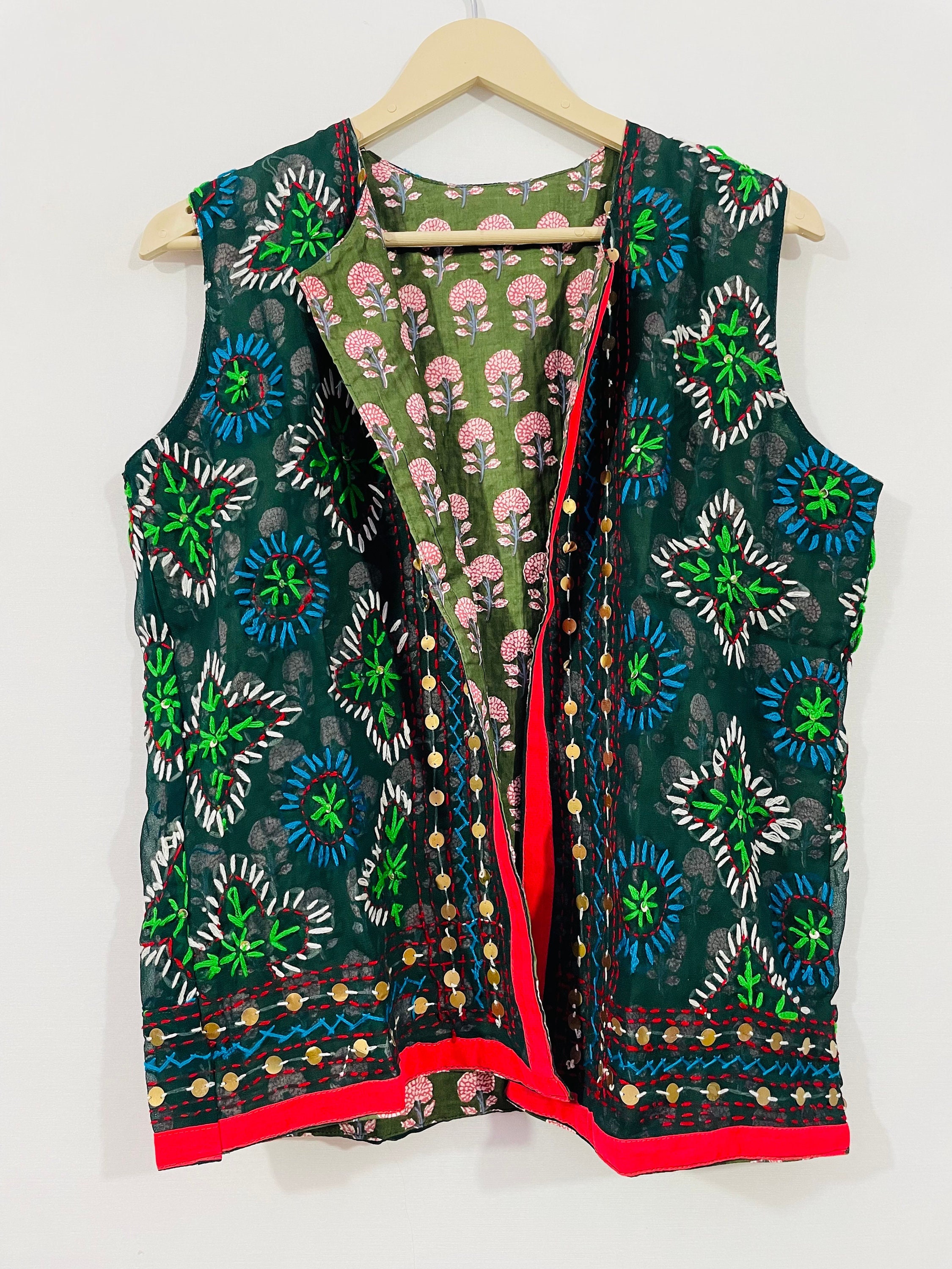 Handmade Phulkari Embroidered Vest: Reversible Indian Boho Jacket 