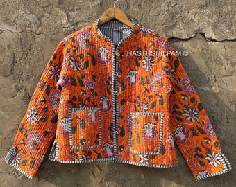 Hand Block Printed Quilted Cotton Jacket: Blue Floral Short Coat