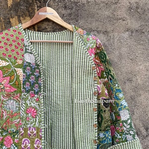 Green Patchwork Cotton Block Indian Jacket's, Women Soft Short Coat, Handmade Crop Jacket, gift For Women's, image 6
