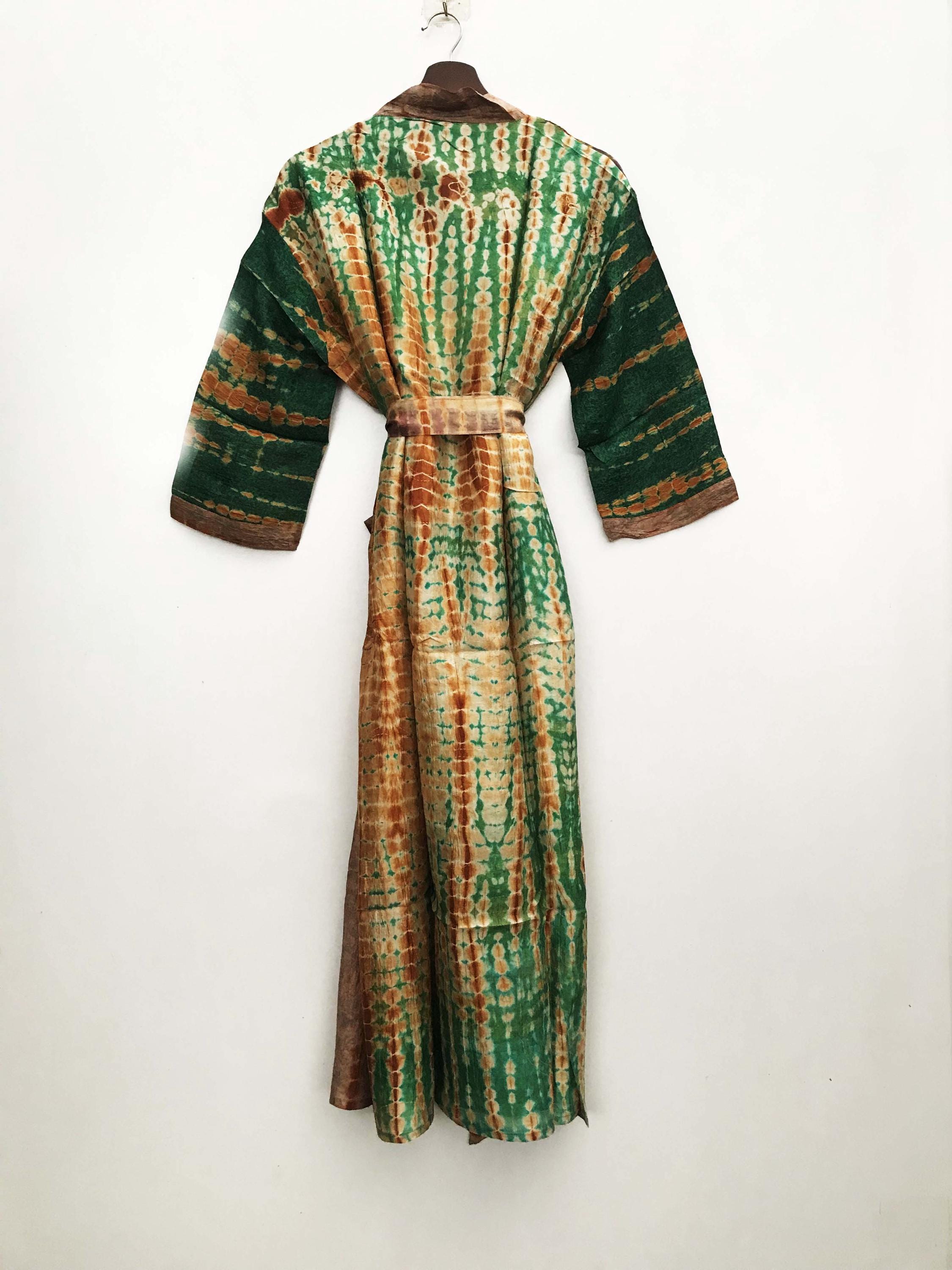 Women Night Dressing Gown Brown and Green Pocket Robe Gift for Her