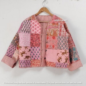 Baumwoll-Steppjacke Frauen tragen vorne offene Kimono-Streifenpaspel Handgefertigte Vintage-Steppjacke, Mäntel, neuer Stil, Boho ...doppelseitige Abnutzung Bild 1