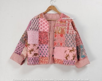 Chaqueta acolchada de algodón Las mujeres usan ribetes de rayas de kimono abierto en la parte delantera Chaqueta acolchada vintage hecha a mano, abrigos, nuevo estilo, Boho.. ropa de doble cara