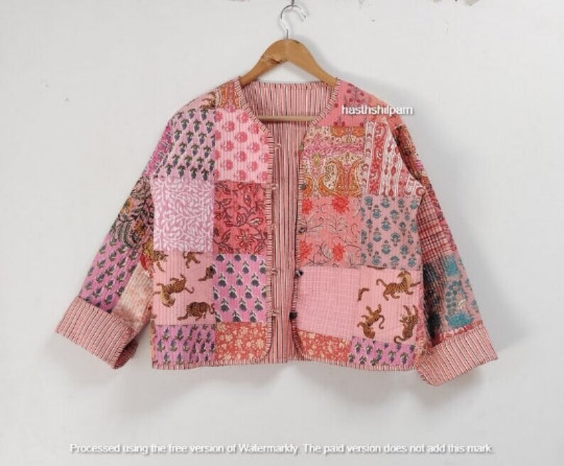 Baumwoll-Steppjacke Frauen tragen vorne offene Kimono-Streifenpaspel Handgefertigte Vintage-Steppjacke, Mäntel, neuer Stil, Boho ...doppelseitige Abnutzung Bild 1