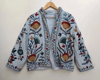 Cotton Suzani Hand Embroidery Jacket Coat, Women Wear Winter Jackets, Bridesmaid Gift, Winter Jacket, Kimono Robe, Bridesmaid Jackets