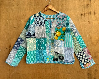 Indische handgemachte Patchwork-Vintage-Steppjacke, Mäntel, neuer Stil, Boho, Baumwolljacke, kurze hellgrüne Streifen-Paspelierung