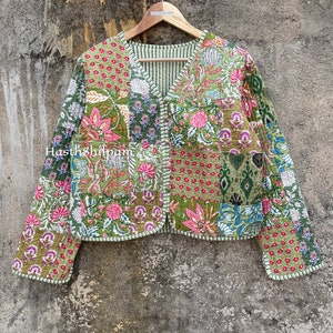 Giacca indiana in blocco di cotone verde patchwork, cappotto corto morbido da donna, giacca corta fatta a mano, regalo per le donne, immagine 3