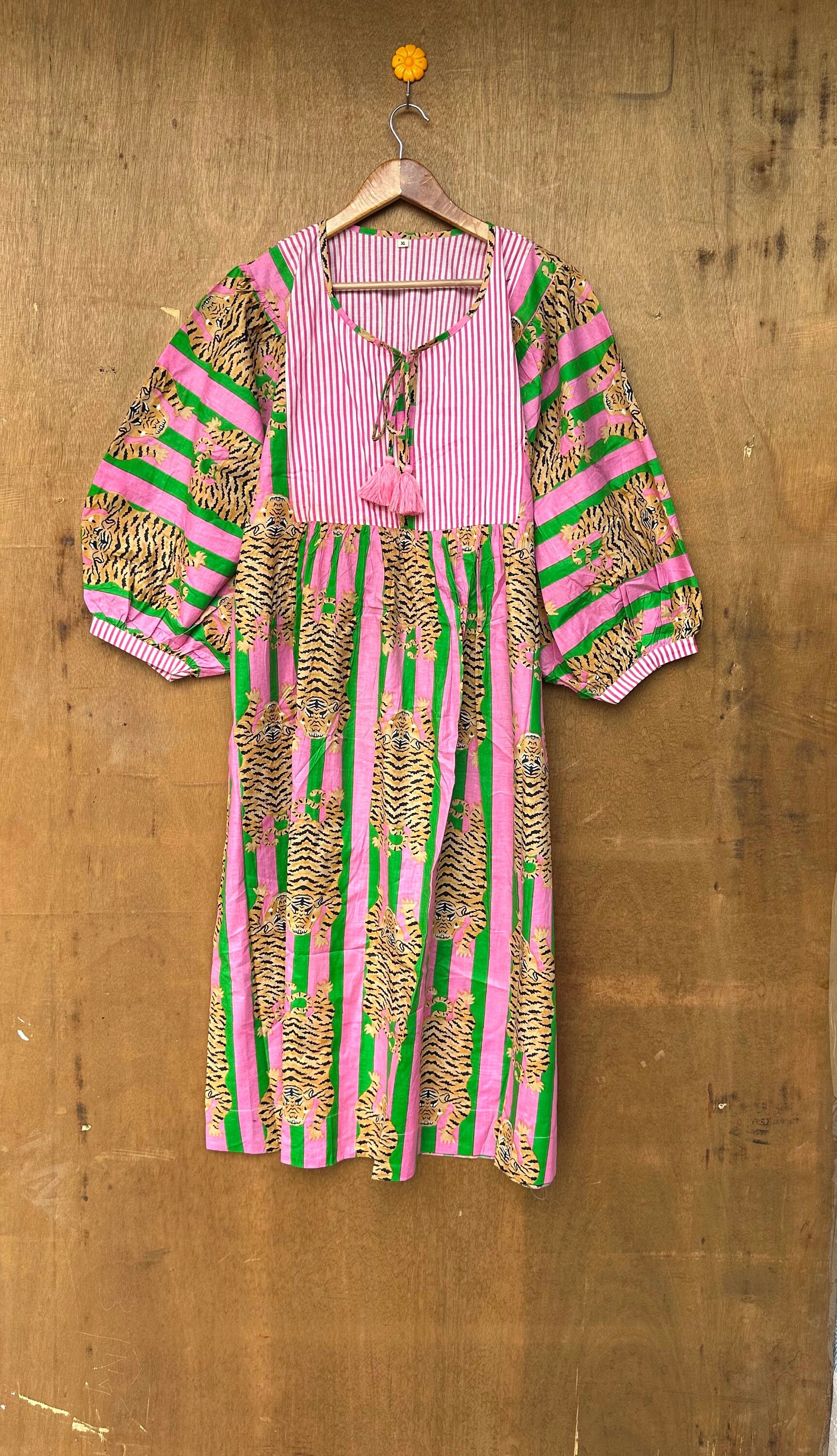 Block Print Cotton Midi Dress: Bohemian Floral Summer Dress