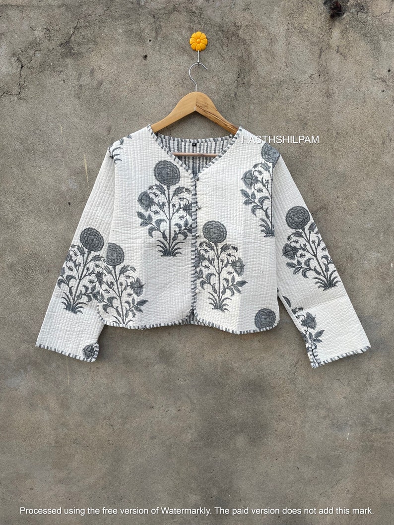 Veste et manteau en kantha indien matelassé à la main, couleur blanche, imprimé kantha, livraison gratuite, veste avec doublure d'hiver kimono image 1