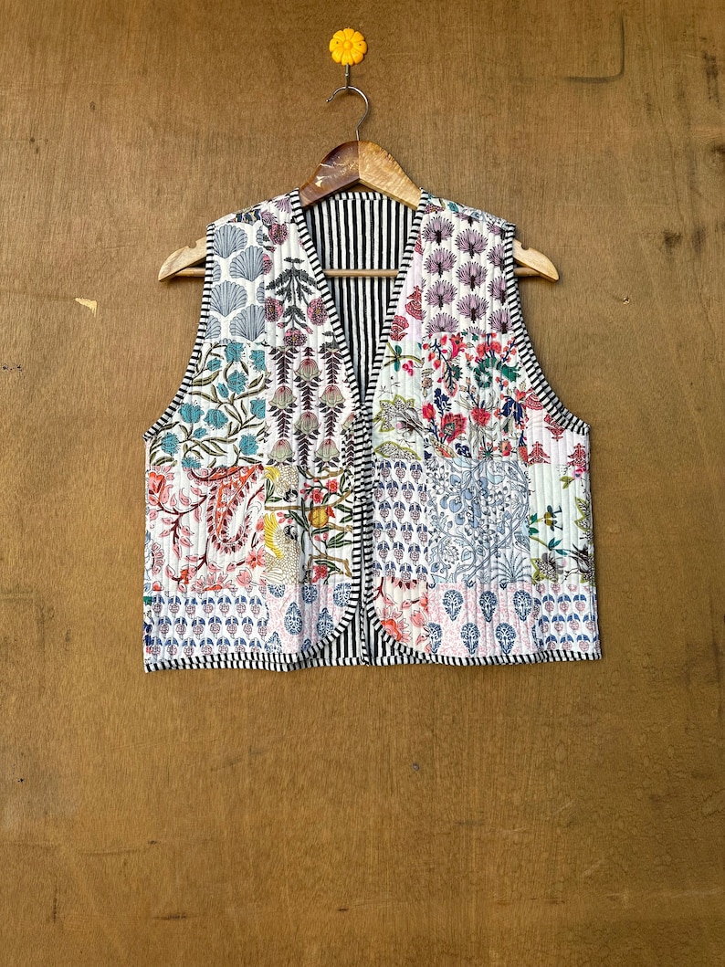 Vestes patchwork en coton sans manches, manteau veste d'hiver fait main en coton indien, veste style bohème, veste courte matelassée kantha unisexe image 1