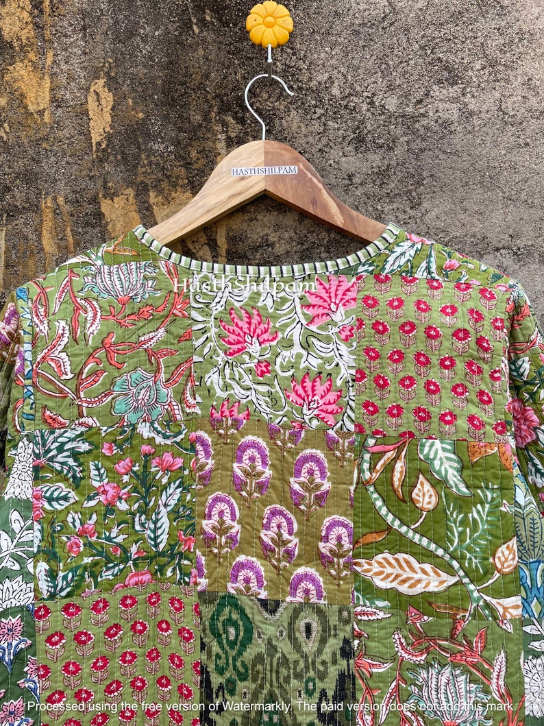 Giacca indiana in blocco di cotone verde patchwork, cappotto corto morbido da donna, giacca corta fatta a mano, regalo per le donne, immagine 10