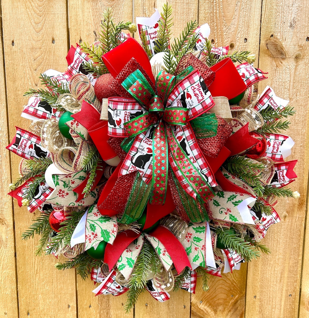 Christmas Cat Wreath – Burlap Mesh, Buffalo Plaid Ribbons - Etsy