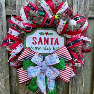 Santa Stop Here Christmas Wreath: Red, Green, Jingle Bell Door Decor