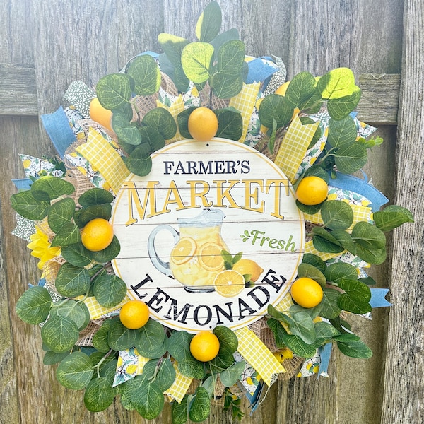 Lemon Wreath - Vibrant Farmer's Market Lemonade Theme, Refreshing Deco Mesh Door Decor Blue and Burlap Greenery, Perfect Housewarming Gift