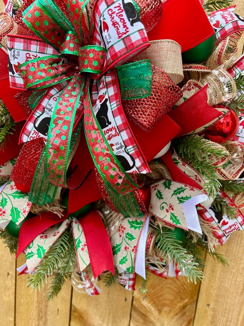 Christmas Cat Wreath – Burlap Mesh, Buffalo Plaid Ribbons - Etsy