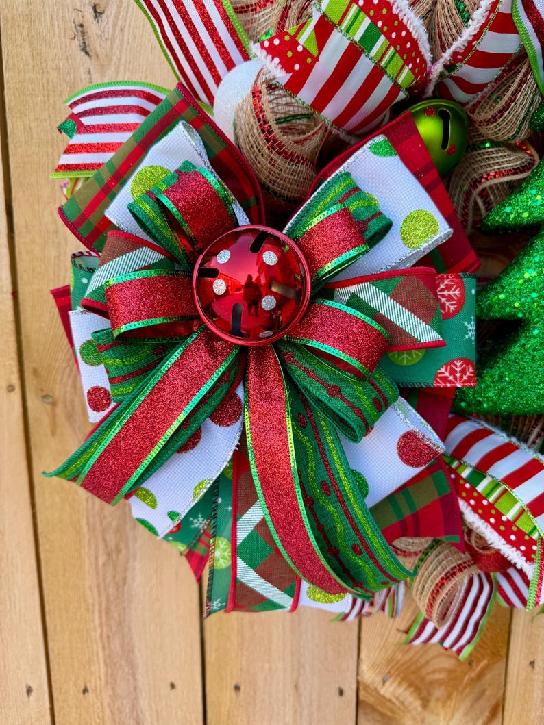 Christmas Deco Mesh Wreath With Glitter Tree • Red & Green Holiday Door ...