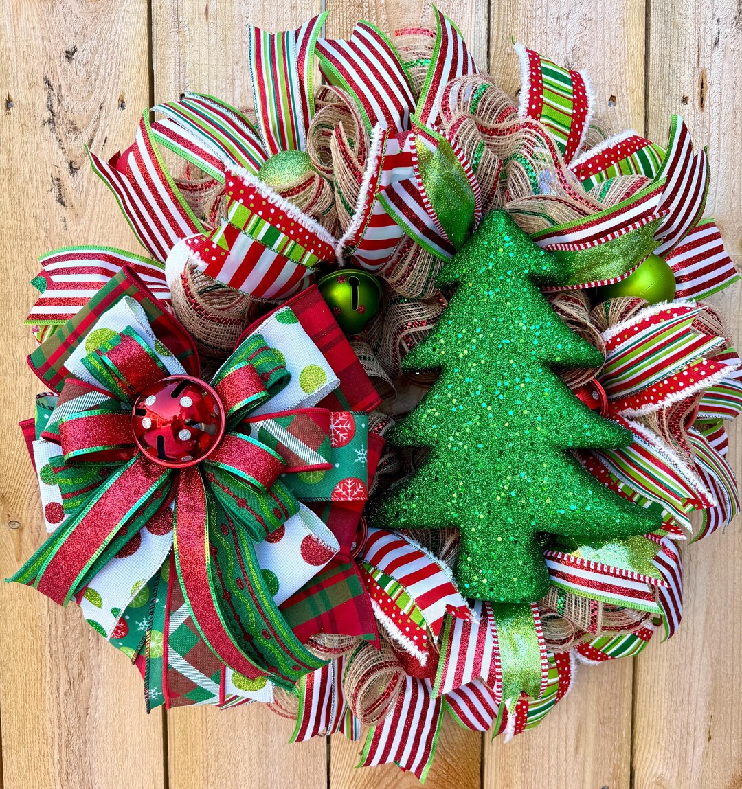 Christmas Deco Mesh Wreath With Glitter Tree • Red & Green Holiday Door ...