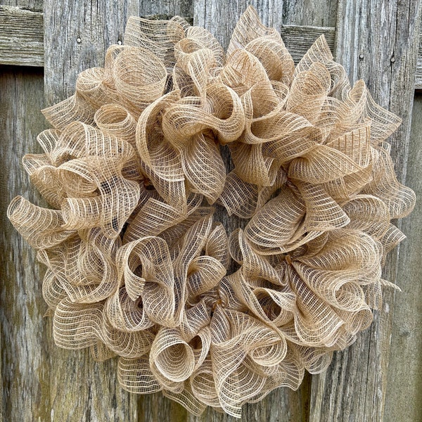 Burlap wreath for front door year round, plain farmhouse decor, fall door hanger, wedding housewarming gift, burlap mesh wreath base