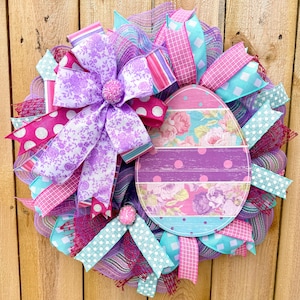 Thin Easter Egg Wreath for Storm Door, Pastel Spring Mesh Wreath, Slim Front Door Decor, Pink Purple Teal Floral Egg Wreath, Farmhouse Easte