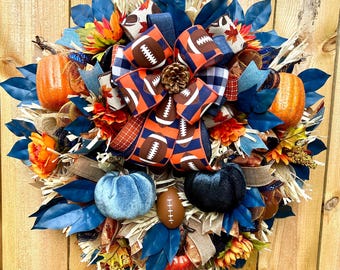 Navy & Orange Football Wreath. Fall Pumpkin Game Day Porch Decor