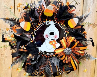 Handmade Candy Corn Ghost Halloween Wreath, Black Orange Fall Door Decor