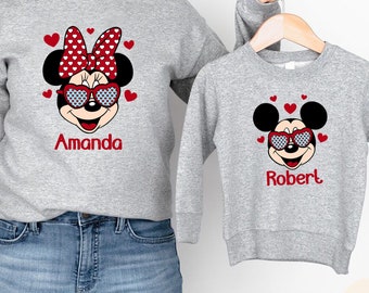 Personalized Valentine&#39;s Day Sweatshirts, Custom Mickey & Minnie Sweatshirt Set, Sweaters Set For Valentine Day, Kids Valentines Day Gift